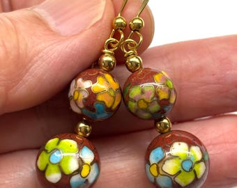 Chinese Cloisonne Earrings, Chinese Enamel Earrings, Chinese Jewellery, Vintage Chinese Floral Pattern Cloisonné Beads from 70's Earrings
