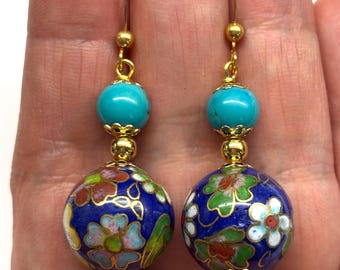 Chinese Cloisonne Earrings, Vintage Chinese Floral Pattern Cloisonné Bead from 50s, Turquoise Earrings, Enamel Earrings, Chinese Earrings