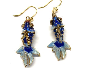 Vintage Enamel Fish Earrings, Chinese Cloisonné Fish Earrings, Vintage Chinese Cloisonné Enamel Fantail Fish from 80s, Enamel Earrings