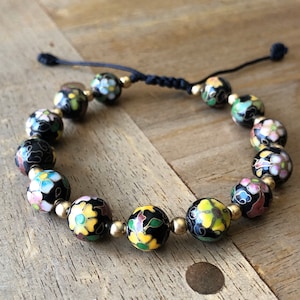 Chinese Cloisonne Bead Bracelet, Chinese Cloisonne Bracelet, Chinese Bracelet, Vintage Floral Cloisonne Beads from 70s Black Cord Bracelet