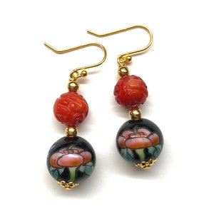 Chinese Porcelain Earrings, Vintage Porcelain Beads 80s, Carved Red Sea Bamboo Earrings, Hand Painted Porcelain Earrings, Chinese Earrings