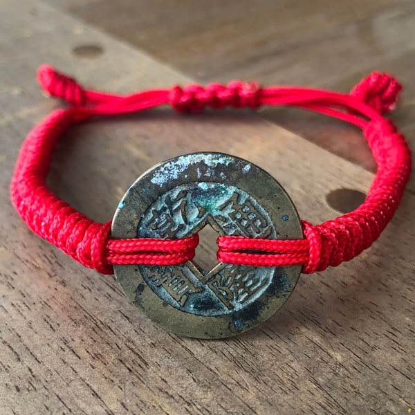 Antique Old Coin, Antique Good Luck Old Coin Red Cord Bracelet, Authentic Qing Dynasty Chinese Old Coin 乾隆通寶 Adjustable Red Cord Bracelet