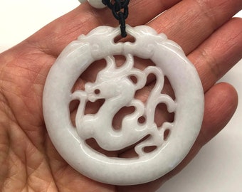 Jade Dragon Pendant, Carved Jade Pendant Necklace, Carved White Colour Jade Dragon Pendant with Jade Bead Adjustable Black Cord Necklace