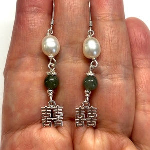 Pendientes chinos de doble felicidad, perla cultivada, cuenta de jade verde, plata de ley 925 palabra china doble felicidad (雙囍), pendientes de boda
