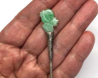 Forcina per capelli in giada antica intagliata, forcina per capelli in argento antico, forcina per capelli cinese, gioielli antichi, forcina per capelli in argento della dinastia Qing di oltre 100 anni