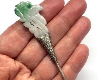 Forcina per capelli in giada antica intagliata, forcina per capelli in argento antico, forcina per capelli cinese, gioielli antichi, forcina per capelli in argento della dinastia Qing di oltre 100 anni