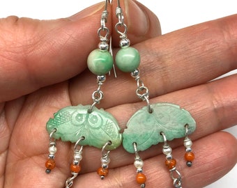Antique Jade Earrings, Antique Carved Jade Earrings, Chinese Earrings, Antique Jade, Antique Coral Bead, Pearl 925 Sterling Silver Earrings