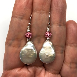 Pearl Earrings, Pink Shamballa Bead Earrings, Coin Pearl Earrings, Natural Shaped Freshwater Pearl, Greyish White Cultured Pearl Earrings