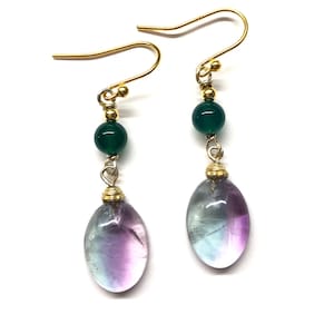 Purple Fluorite Earrings, Green Agate, Gem Stone Earrings, Oval Shaped Purple Fluorite, Green Onyx Gold Plated Sterling Silver Earrings