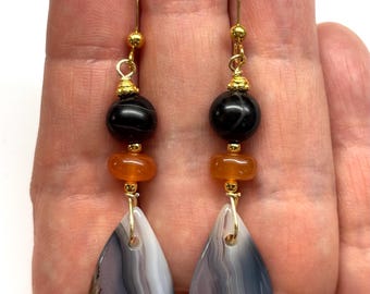 Black Agate Earrings, Agate Earrings, Teardrop Shaped Natural Pattern Agate, Carnelian, Natural Agate, Gold Plated Sterling Silver Earrings