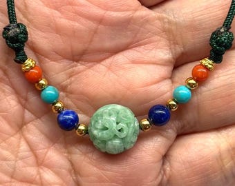 Carved Natural Colour Hollowed Jade Bead, Coral, Turquoise, Lapis Lazuli, Gold Plated Sterling Silver Beads Adjustable Green Cord Necklace
