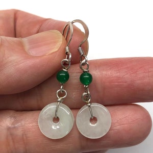 Jade Earrings, Jade Disc Earrings, Jade Loop, Jade Pi, Carved Jade Donut Chinese Safety Buckle 平安扣, Green Onyx, 925 Sterling Silver Earrings