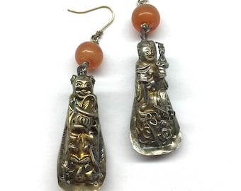 Antique Chinese Earrings, Antique Chinese Gilt Silver Figurine from Qing Dynasty and Antique Red Agate Bead (Over 100 Years Old) Earrings