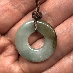 Antique Carved Green Jade Disc Chinese Safety Buckle 平安扣 Over 100 Years Old, Qing Dynasty, Jade Loop Pendant Adjustable Brown Cord Necklace