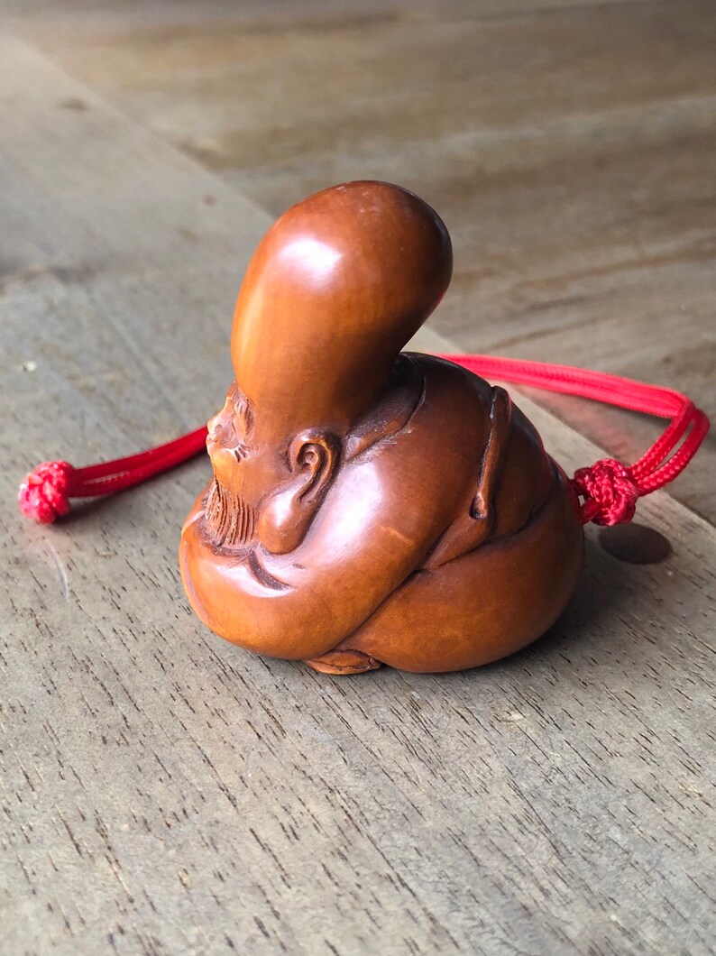 God of Longevity Carved Boxwood Netsuke with Red Cord Chinese Boxwood Figurine Netsuke Wood Sculpture Netsuke Chinese Woodcarving \u58fd\u661f\u516c