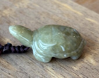 Jade Pendant, Jade Turtle Pendant, Jade Necklace, Carved 3D Jade Tortoise, Carved Green Jade Turtle Pendant Adjustable Brown Cord Necklace