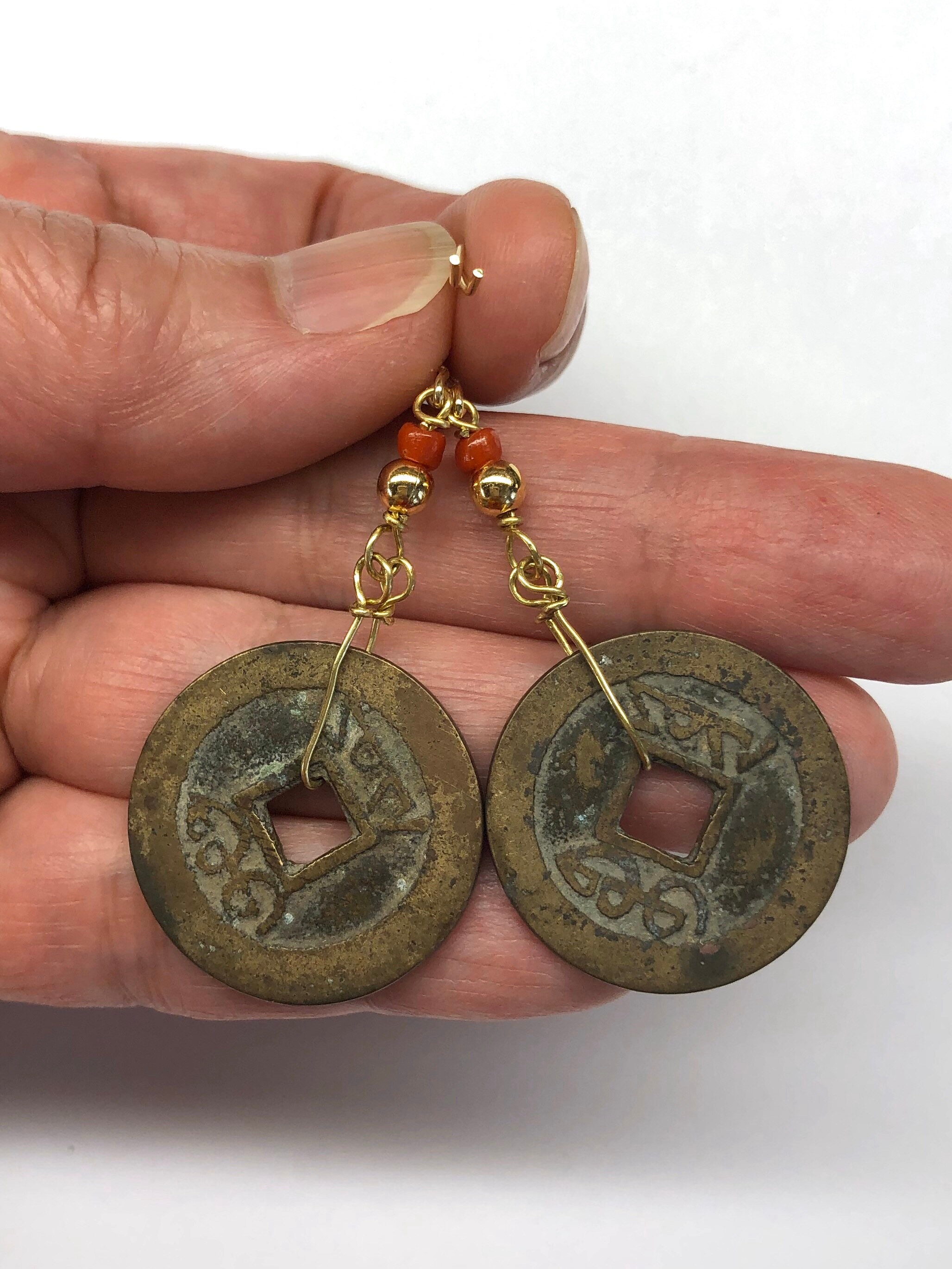 Antique Good Luck Chinese Old Coin Earrings, Chinese