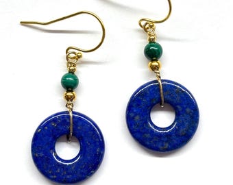 Lapis Earrings, Green Malachite Earrings, Carved Lapis Lazuli Disc Chinese Safety Buckle, Lapis Donut, Gold Plated Sterling Silver Earrings