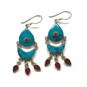 Turquoise Earrings, Nepalese Earrings, Nepal Earrings, Nepali Earrings, Turquoise and Coral Colour Stone Inlay 925 Sterling Silver Earrings