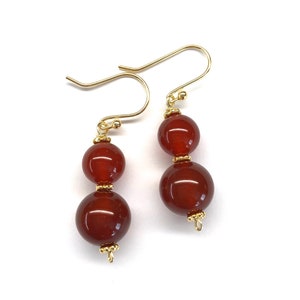 Carnelian Earrings, Carnelian Jewellery, Red Agate Earrings, Gem Stone Earrings, Red Agate Bead Gold Plated Sterling Silver Earrings