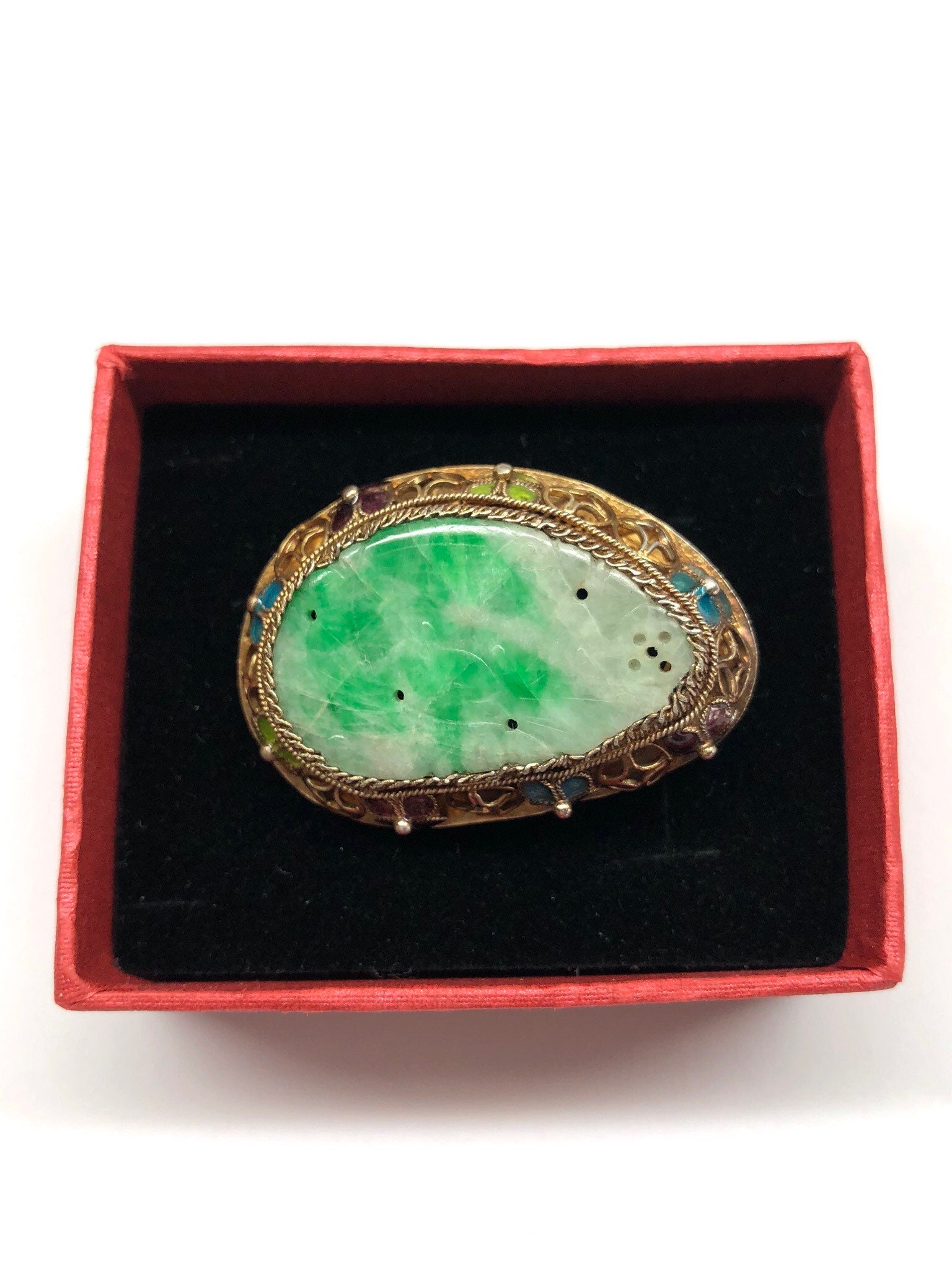 Antique Jade Brooch Carved Jade Gilt Silver Enamel Filigree | Etsy