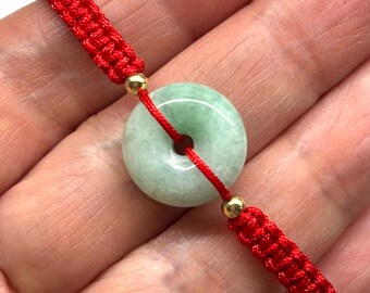 Jade Bracelet, Jade Disc Bracelet, Chinese Lucky Bracelet, Green Jade Donut Safety Buckle Gold Plated Sterling Silver Bead Red Cord Bracelet