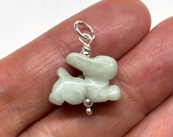 Carved Jade Rabbit Charm, Chinese Zodiac Jade Rabbit Pendant, Jade Bunny Pendant, Jade Bunny 925 Sterling Silver Pendant, Lucky Jade Charm
