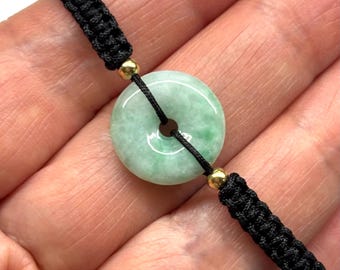 Jadearmband, Jadeskivarmband, Kinesiskt lyckoarmband, Säkerhetsspänne med jademunkar, Förgyllt armband med svart snöre i sterlingsilverpärla