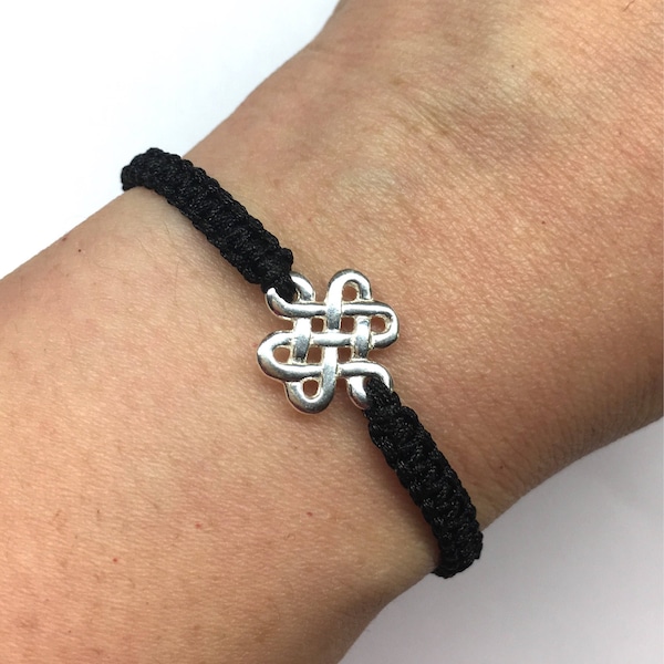 Bracelet noeud sans fin, bracelet chanceux chinois, bracelet de bonne chance, solide 925 Sterling Silver Endless Knot Bracelet cordon noir réglable