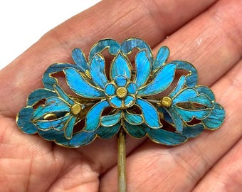 Antique Kingfisher Feather Hair Pin, Antique Tian-tsui 點翠 Hair Pin, Qing Dynasty Kingfisher Feather Gilt Silver Hair Pin Over 100 Years Old