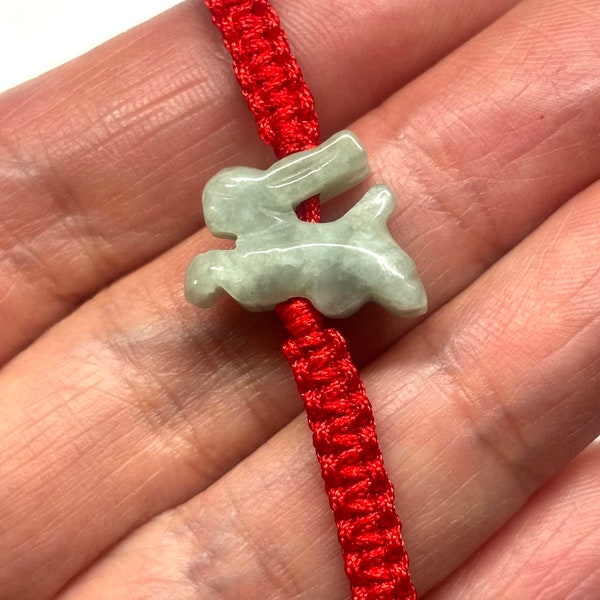 Jade Rabbit Bracelet, Chinese Lucky Bracelet, Good Luck Jade Bunny Bracelet, Chinese Zodiac Carved Jade Rabbit Adjustable Red Cord Bracelet