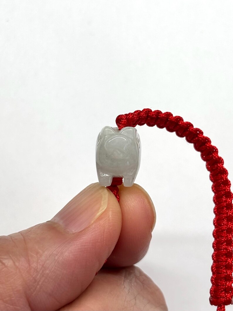 May include: A small, translucent, pale grey carved stone bead shaped like a pig, threaded onto a vibrant red braided cord. The pig-shaped charm features subtle carved details and is positioned centrally on the bright red woven string.