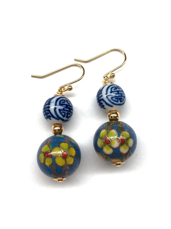 Chinese Cloisonne Earrings Blue and White Porcelain Earrings Vintage Cloisonne Bead 70s Blue and White Porcelain Longevity Earrings Etsy Ireland