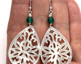 Mother of Pearl Earrings, Carved Shell Earrings, Green Onyx Earrings, Teardrop Shaped Carved Mother of Pearl, 925 Sterling Silver Earrings