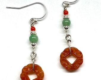 Jade Earrings, Carved Jade Coin Disc, Red Coral Earrings, Natural Colour Jade, Green Jade Bead, Genuine Coral Bead Sterling Silver Earrings