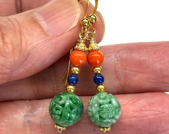 Carved Jade Earrings, Red Coral Earrings, Lapis Lazuli, Carved Natural Colour Hollowed Jade Bead Gold-Plated Sterling Silver Earrings