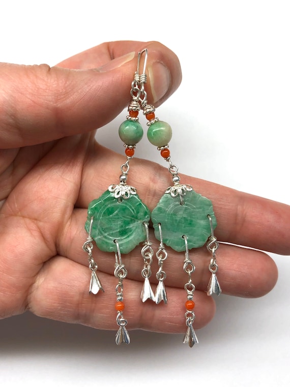 Antique Jade Earrings Antique Carved Jade Earrings Chinese Earrings Natural Colour Antique Jade Coral Bead 925 Sterling Silver Earrings Etsy UK