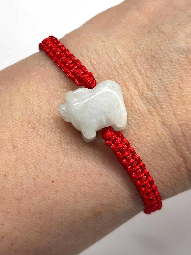 May include: A bracelet featuring a bright red woven cord and a central white stone charm carved into the shape of a small pig. The cord is constructed with a series of tight, uniform knots that secure the stone in place on the wrist.