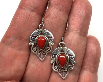 Genuine Coral Earrings, Genuine Coral Sterling Silver Filigree Earrings, Coral Jewellery, Red Earrings, Coral 925 Sterling Silver Earrings