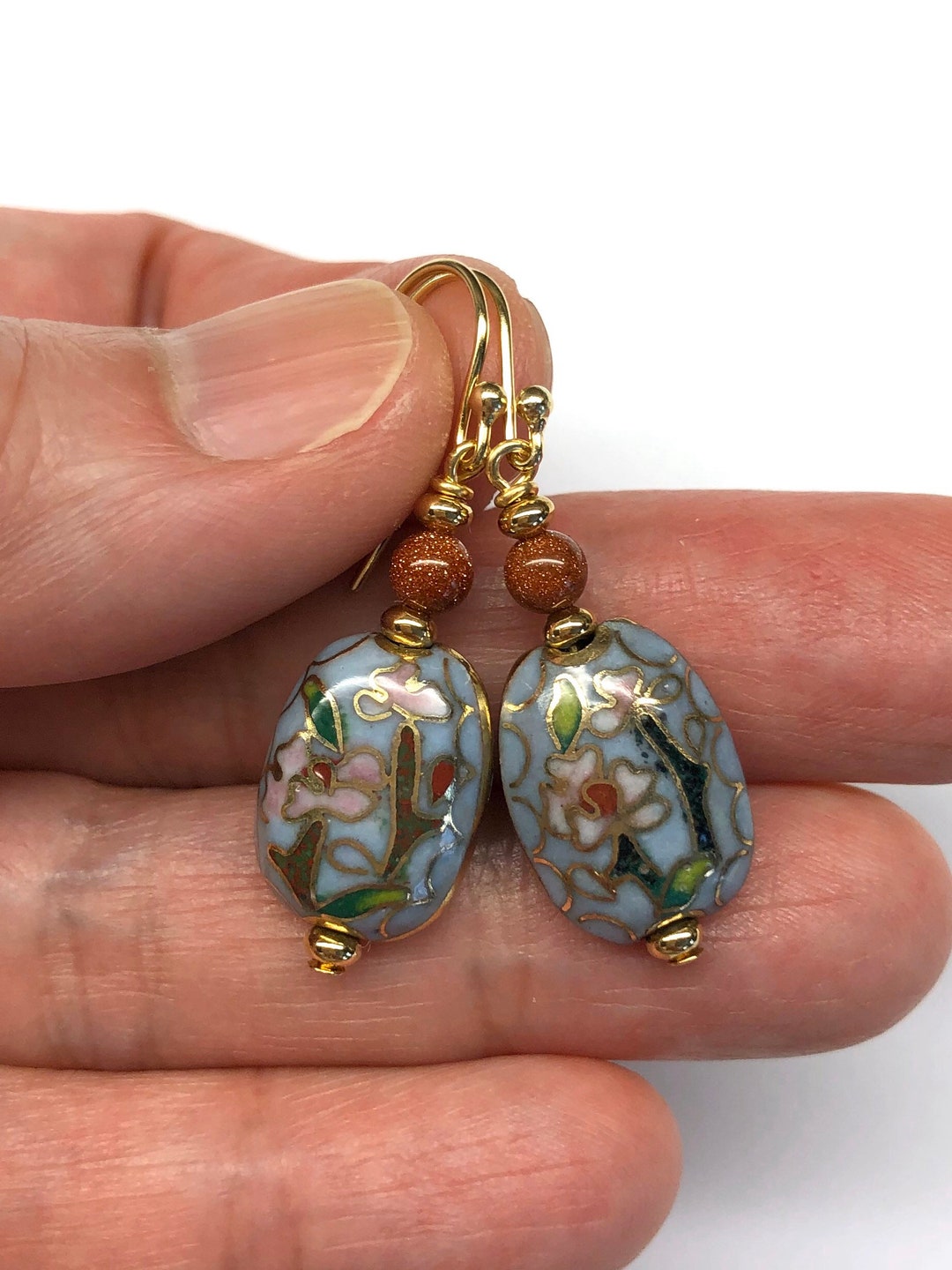 Boucles D'oreilles Anneaux - Décor Floral En émail Cloisonné Couleur Or - Modèle #147 - Bijou Occasion Sans Marque