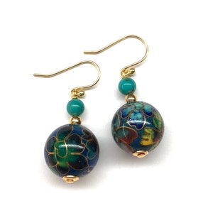 Chinese Cloisonne Earrings, Vintage Chinese Floral Pattern Cloisonné Bead from 60s, Turquoise Earrings, Enamel Earrings, Chinese Earrings