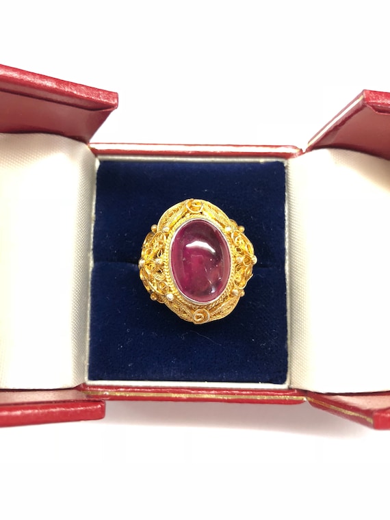 Ruby Ring, Vintage Oval Shaped Ruby Filigree Gold… - image 3