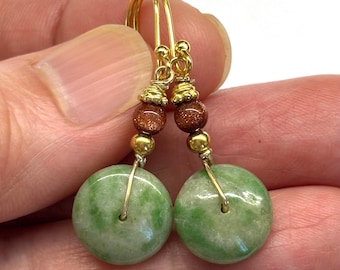 Jade Earrings, Jade Abacus Bead, Carved Green Jade Donut, Jade Flying Saucer Bead, Gold Sandstone Beads Gold Plated Sterling Silver Earrings