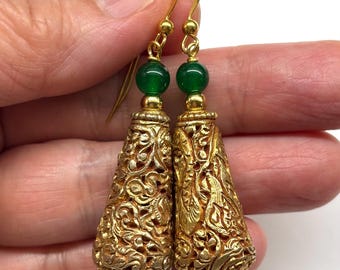 Nepal Earrings, Nepalese Earrings, Green Onyx Earrings Carved Teardrop Shaped Nepalese Bead Gold Earrings, Bridal Earrings, Wedding Earrings