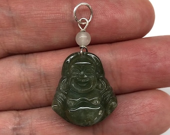 Colgante de Buda de Jade, Colgante de Buda Sonriente de Jade, Colgante de Buda Feliz de Jade, Colgante de Buda Sonriente de Jade Verde Tallado en Plata de Ley 925