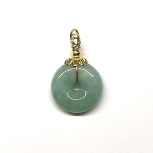Jade Pendant, Green Jade Disc Pendant, Jade Loop, Jade Donut, Jade Pi, Carved Jade Chinese Safety Buckle Gold Plated Sterling Silver Pendant