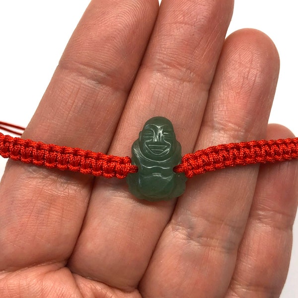 Carved Buddha Bracelet, Green Aventurine Laughing Buddha, Carved Smiling Buddha, Carved Happy Buddha Red Cord Bracelet, Jade Bead Bracelet