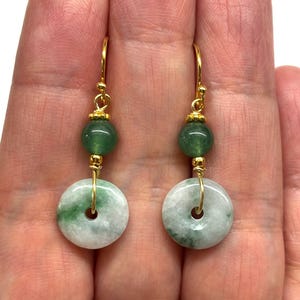Jade Earrings, Jade Loop, Green Aventurine Earrings, Jade Donut, Green Jade Disc Safety Buckle 平安扣 Gold-Plated Sterling Silver Earrings