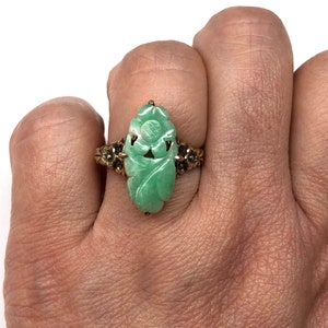 Jade Ring, Antique Jade Ring, Chinese Antique Ring, Antique Carved Jade, Antique Carved Floral Pattern Jade Gold Plated Sterling Silver Ring