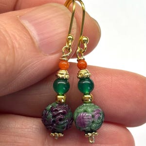 Carved Ruby Zoisite Earrings, Carved Natural Colour Hollowed Ruby Zoisite Bead, Red Coral, Green Onyx Gold-Plated Sterling Silver Earrings